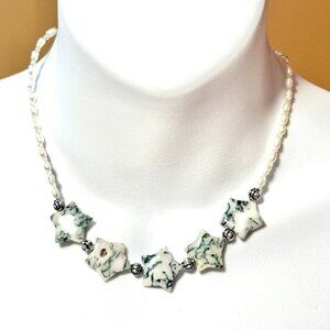 Starry Night Necklace, Genuine White Green Tree Agate Stars & Freshwater Pearls